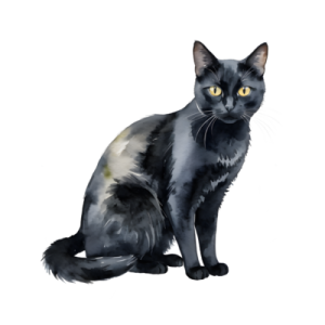 a black cat with yellow eyes sitting down
