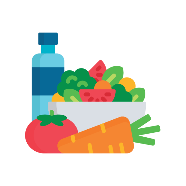 a bowl of vegetables and a bottle of water