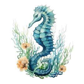 a blue seahorse sitting on top of some corals