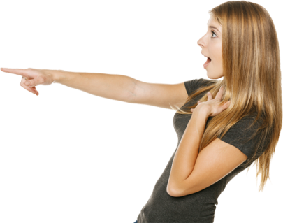 a woman pointing at something on a white background