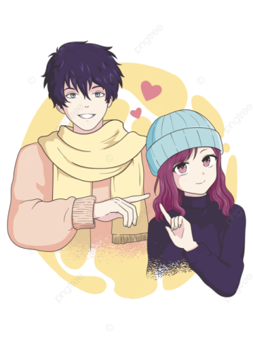 two anime characters, one with purple hair and the other with brown hair, are looking at each other character