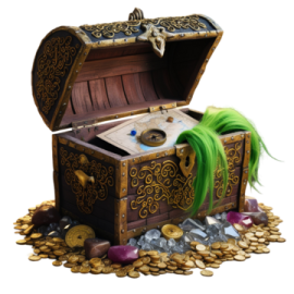 an open chest with coins and a green ribbon