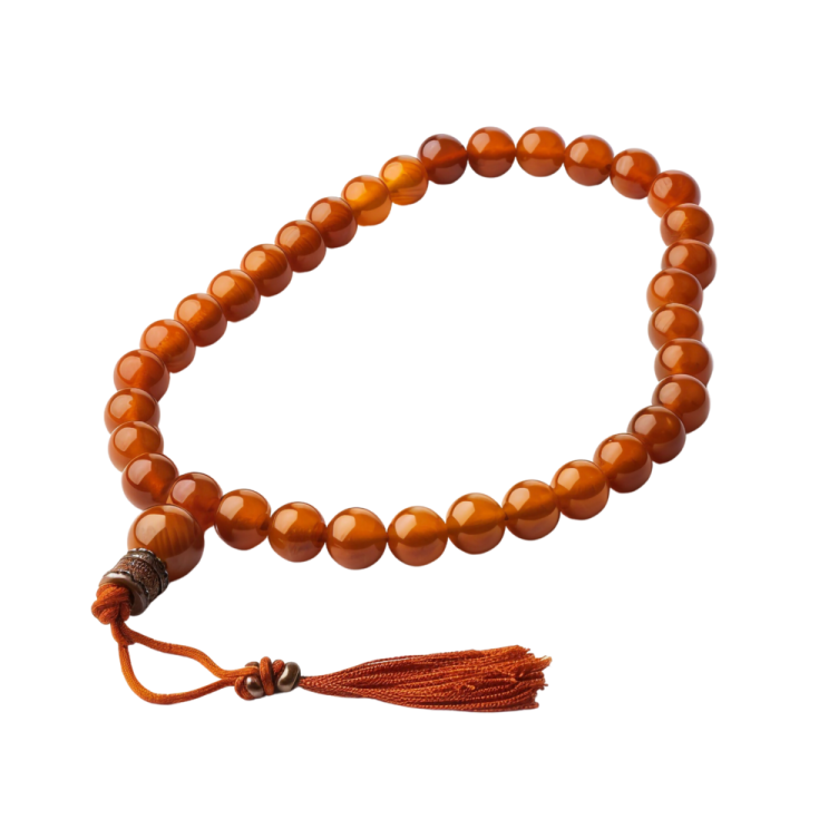 an orange jade bea bracelet with a ta