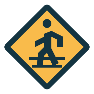 a yellow and black road sign with an image of a man walking