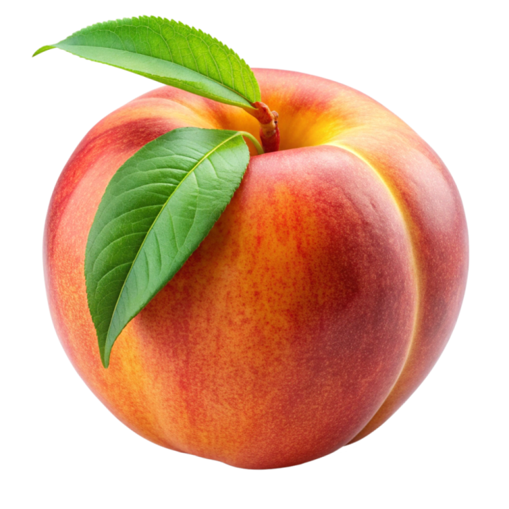a peach with a green leaf on top