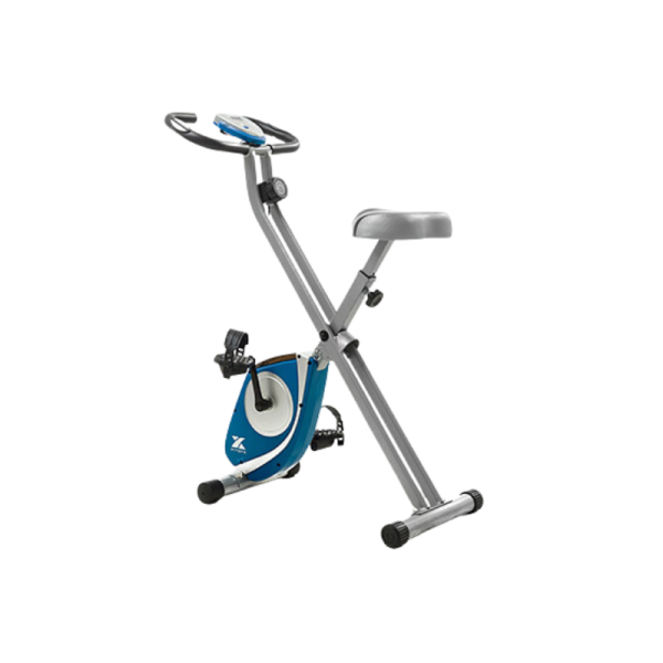 a blue exercise bike on a white background
