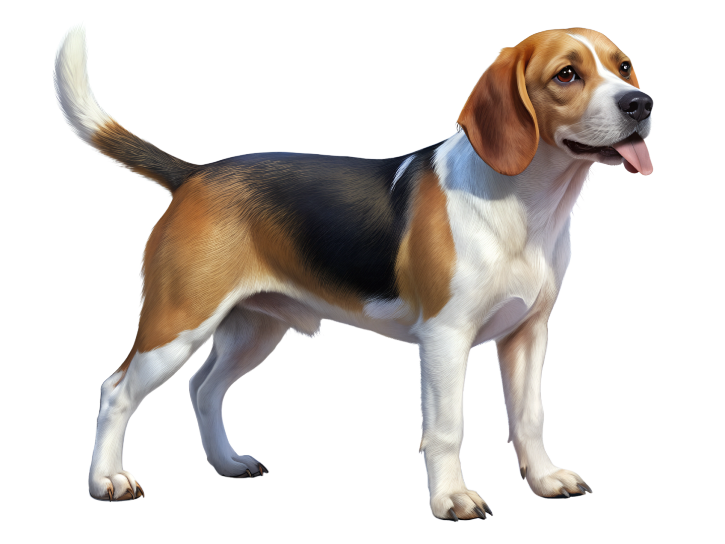 a brown and white dog standing on a white background