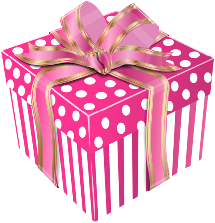 a pink gift box with gold ribbon and bow