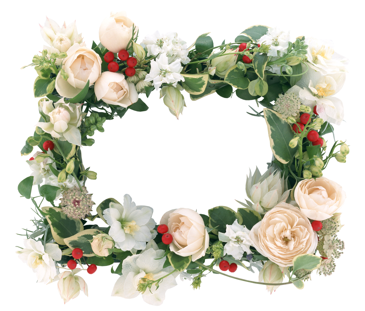 a floral wreath with white and red flowers