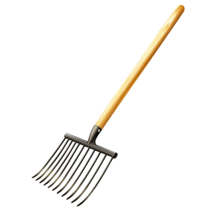 a black and yellow garden rake with wooden handle