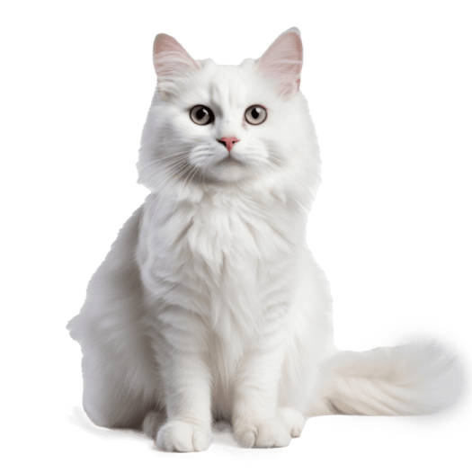 a white cat sitting down and looking at the camera