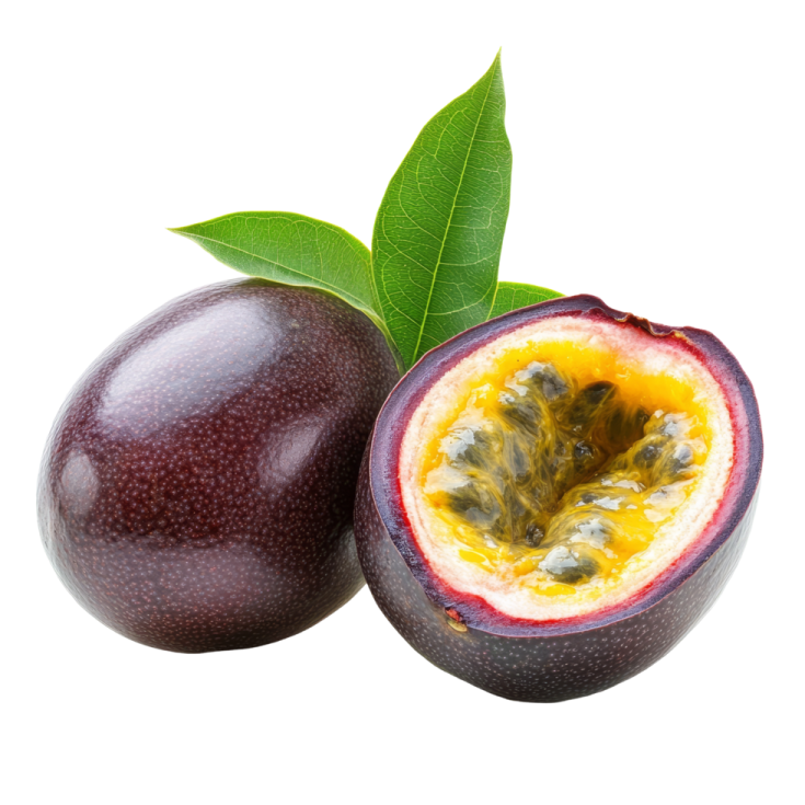 a passion fruit cut in half on a white background