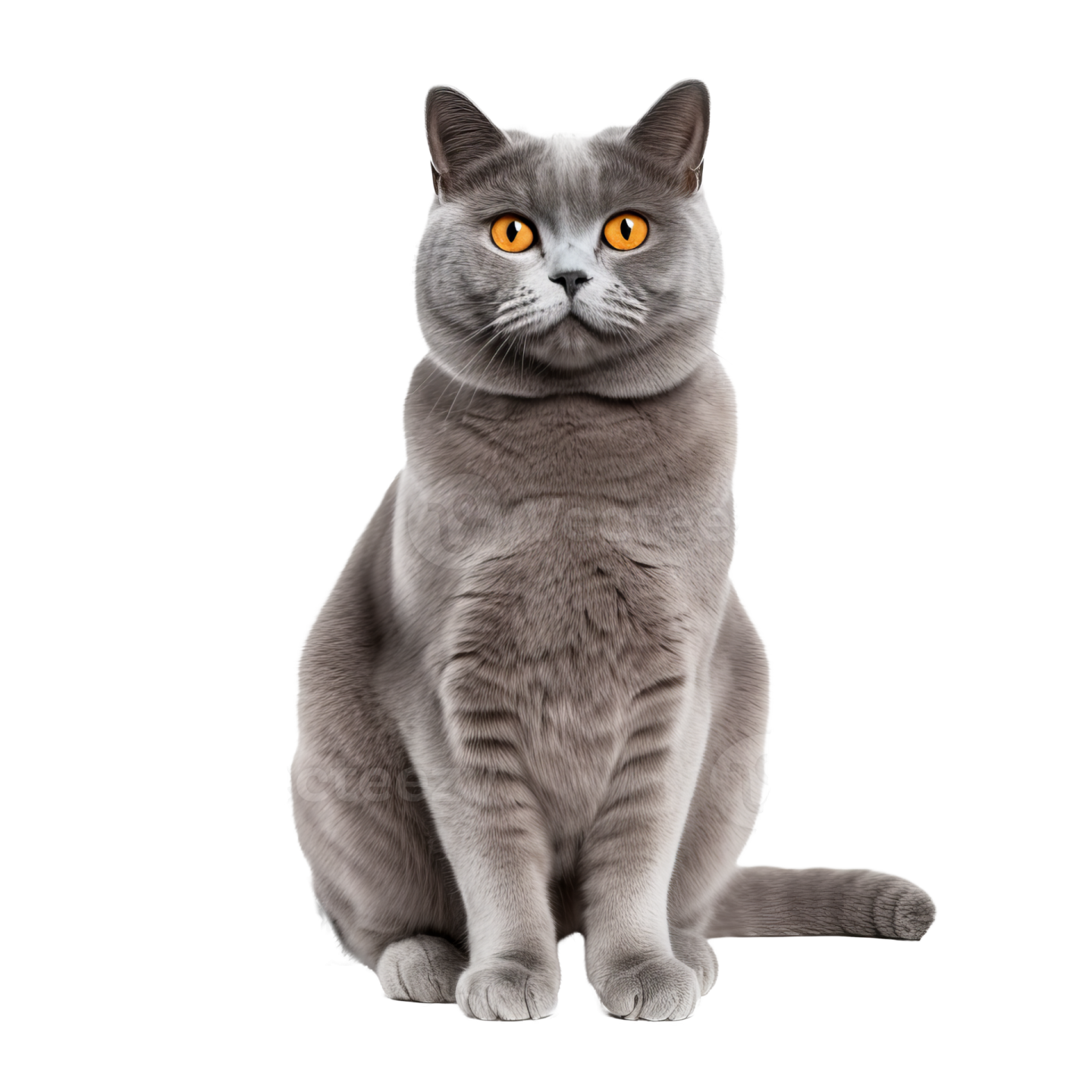 a grey cat sitting down and looking at the camera