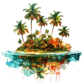 an island with palm trees and watercolor splashs