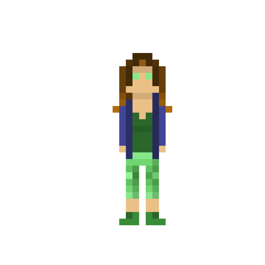 a woman in a blue shirt and green pants