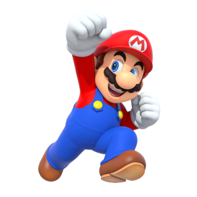a cartoon character with a red hat and blue pants