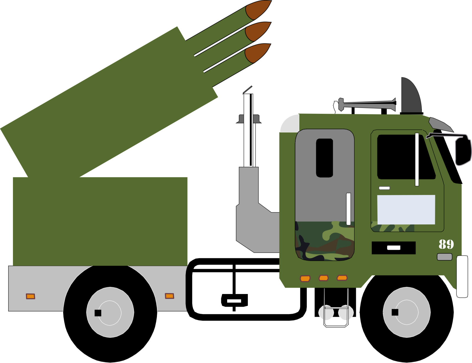 an army truck with a missile in the back