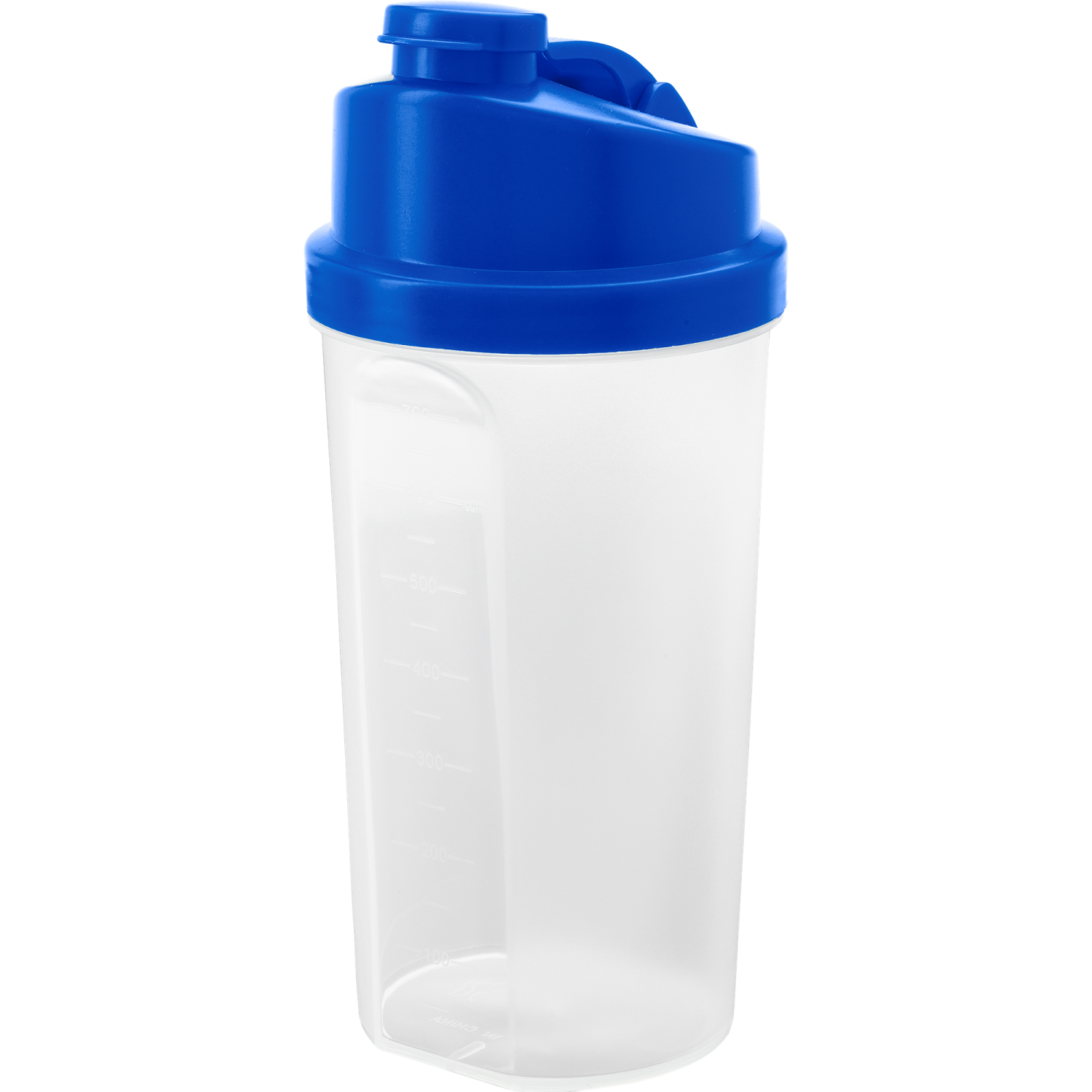 a plastic shaker with a blue lid