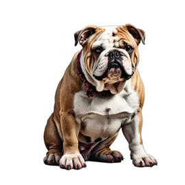 a brown and white dog sitting on the ground
