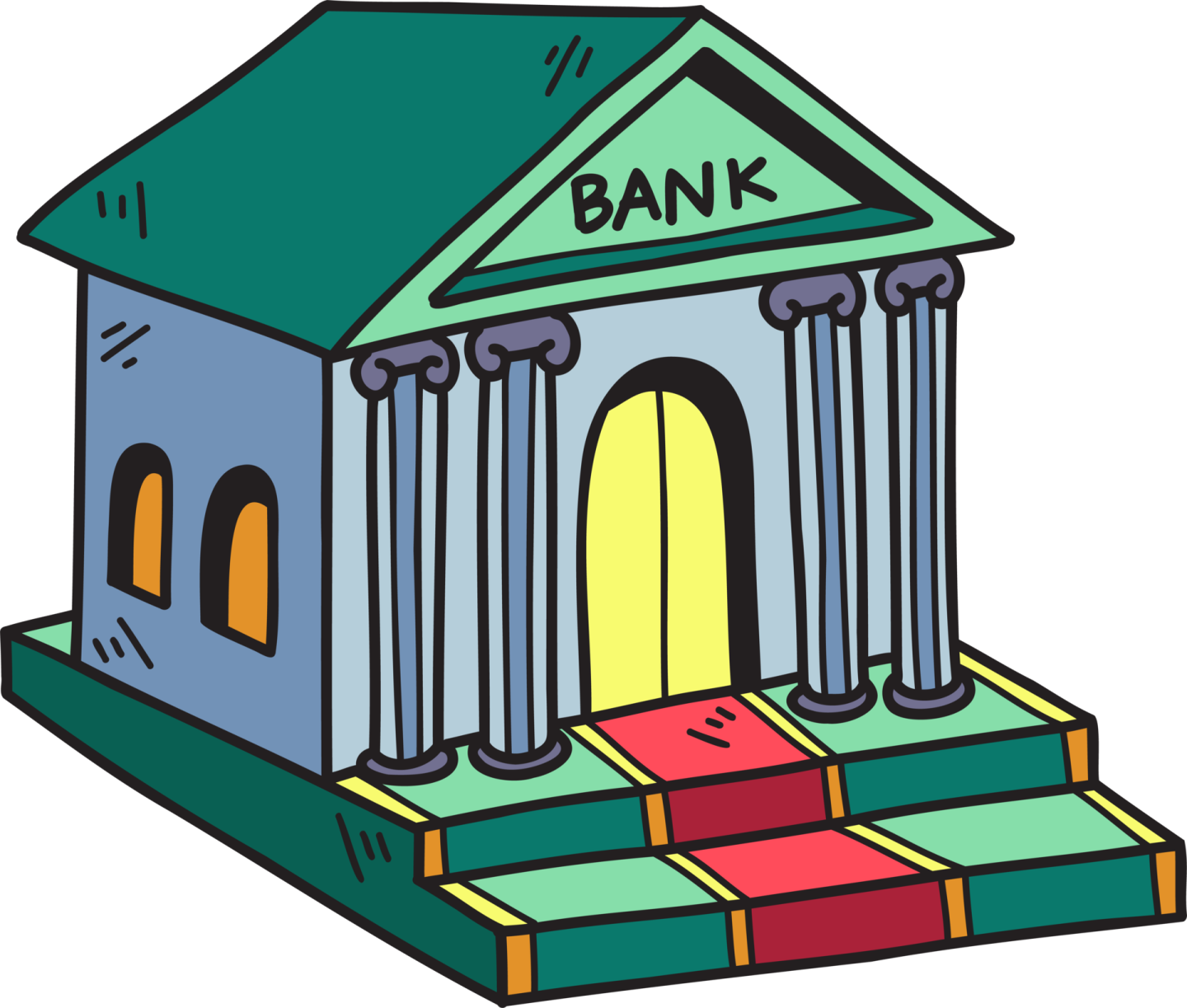 a bank building with stairs and steps