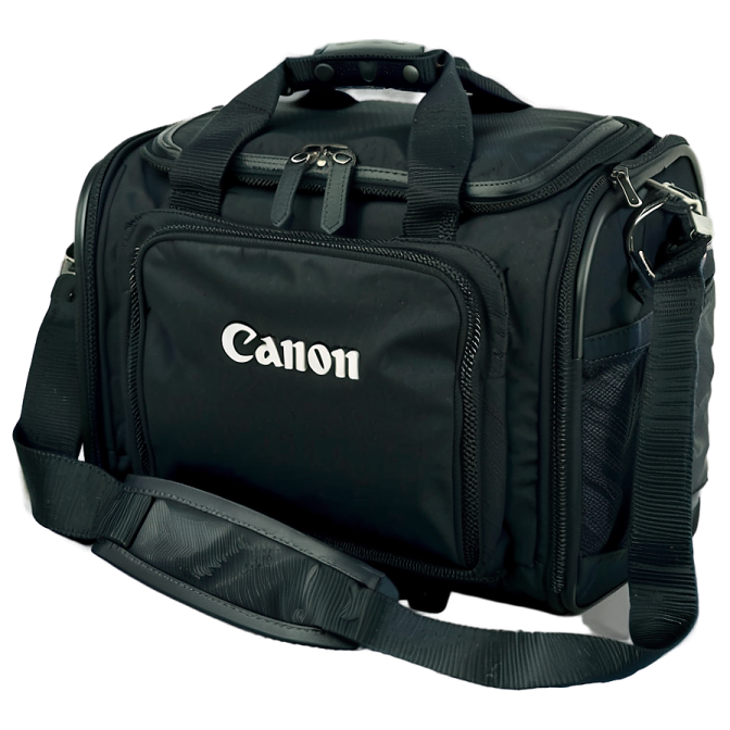 a black camera bag with the word canon on it