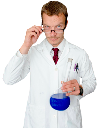 a man in a white lab coat holding a test tube
