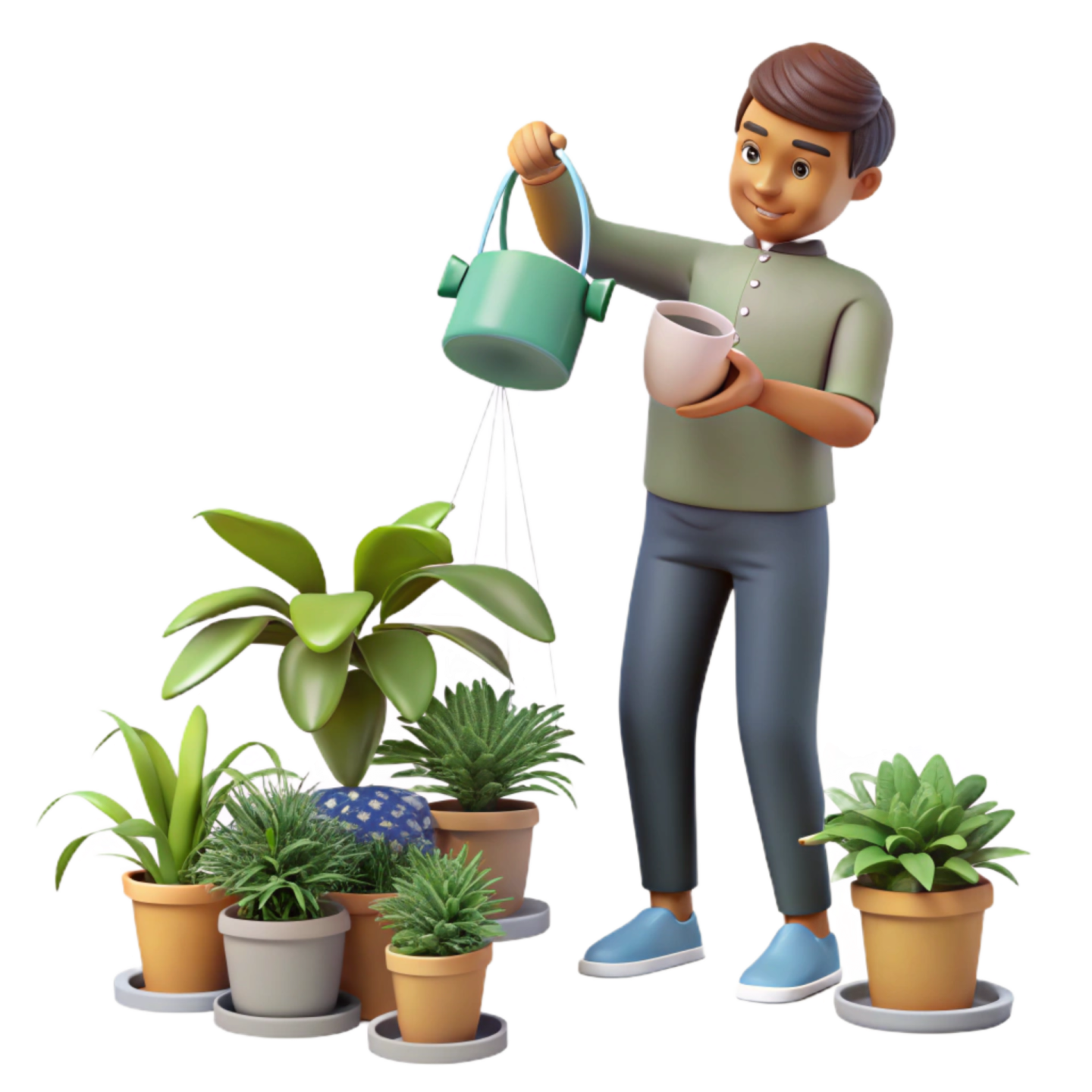 a man watering plants with a watering hose