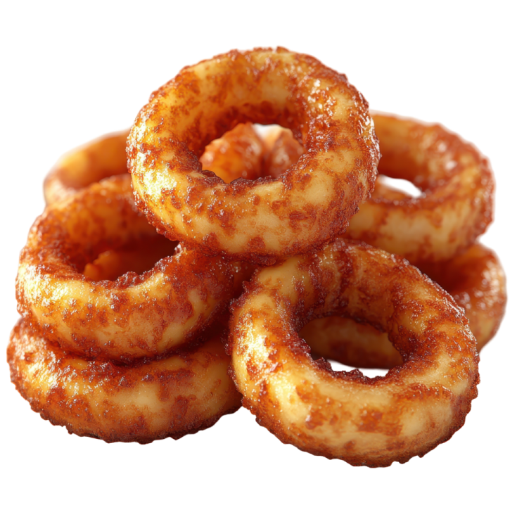 a pile of onion rings on a white background