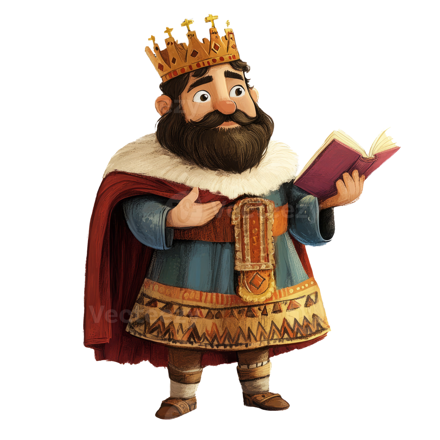 a cartoon character wearing a crown and holding a book