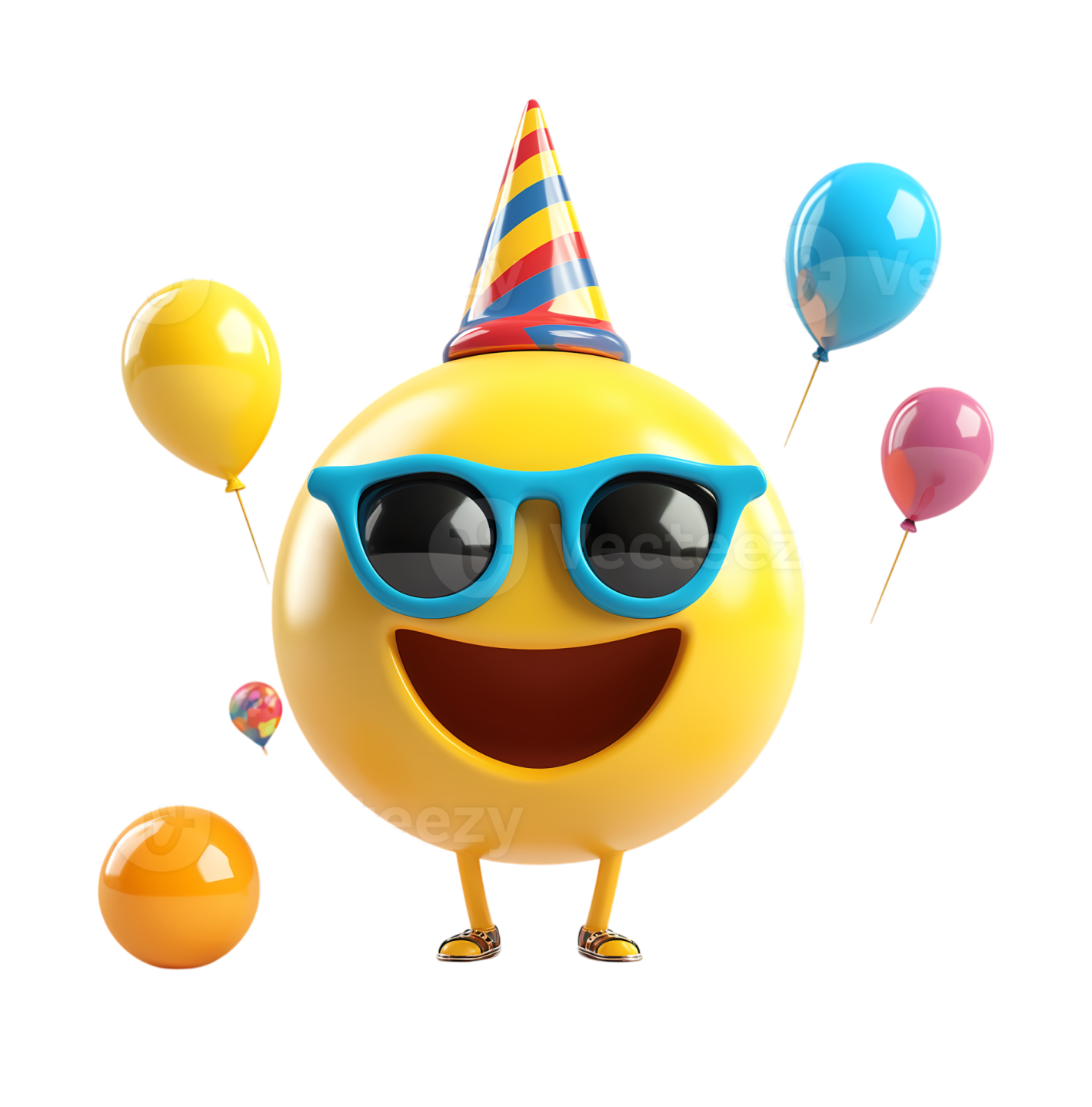 a smiley wearing sunglasses and a party hat with balloons