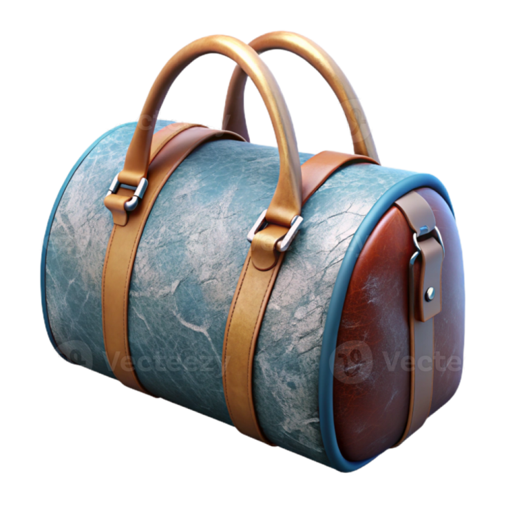 a blue and brown leather bag with two handles