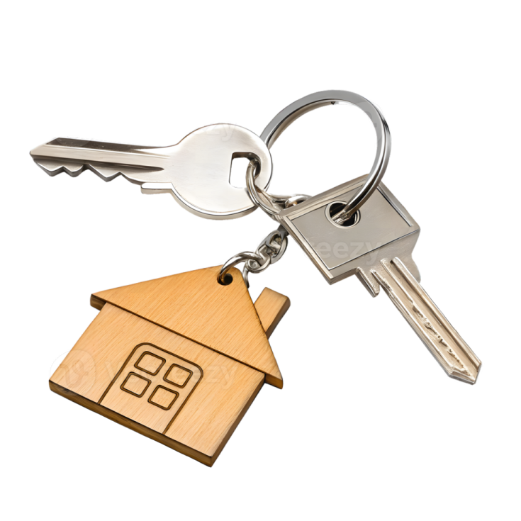 a wooden keychai with a house shaped keyring
