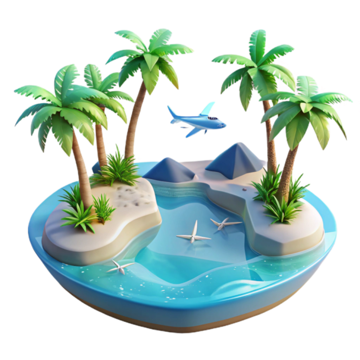 an island with palm trees and a dolphin
