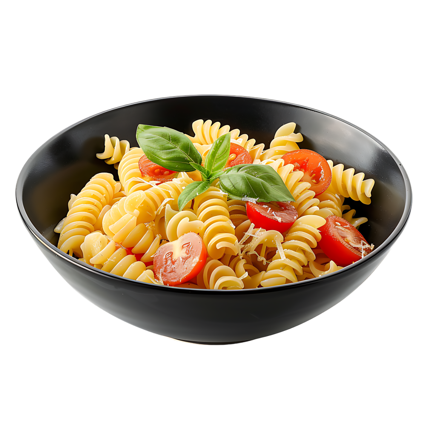 a bowl of pasta with tomatoes and basil