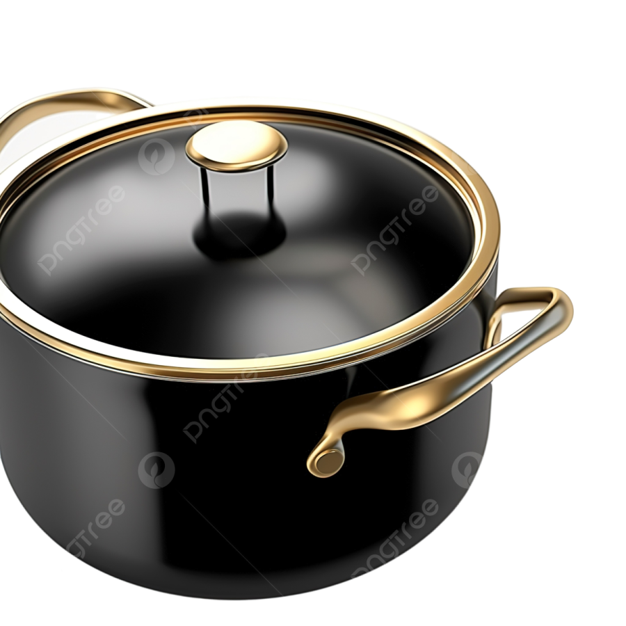 a black pot with gold handle and lid