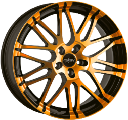 an orange and black wheel on a white background