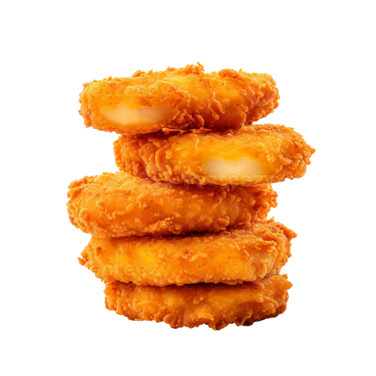 a pile of fried chicken on a white background