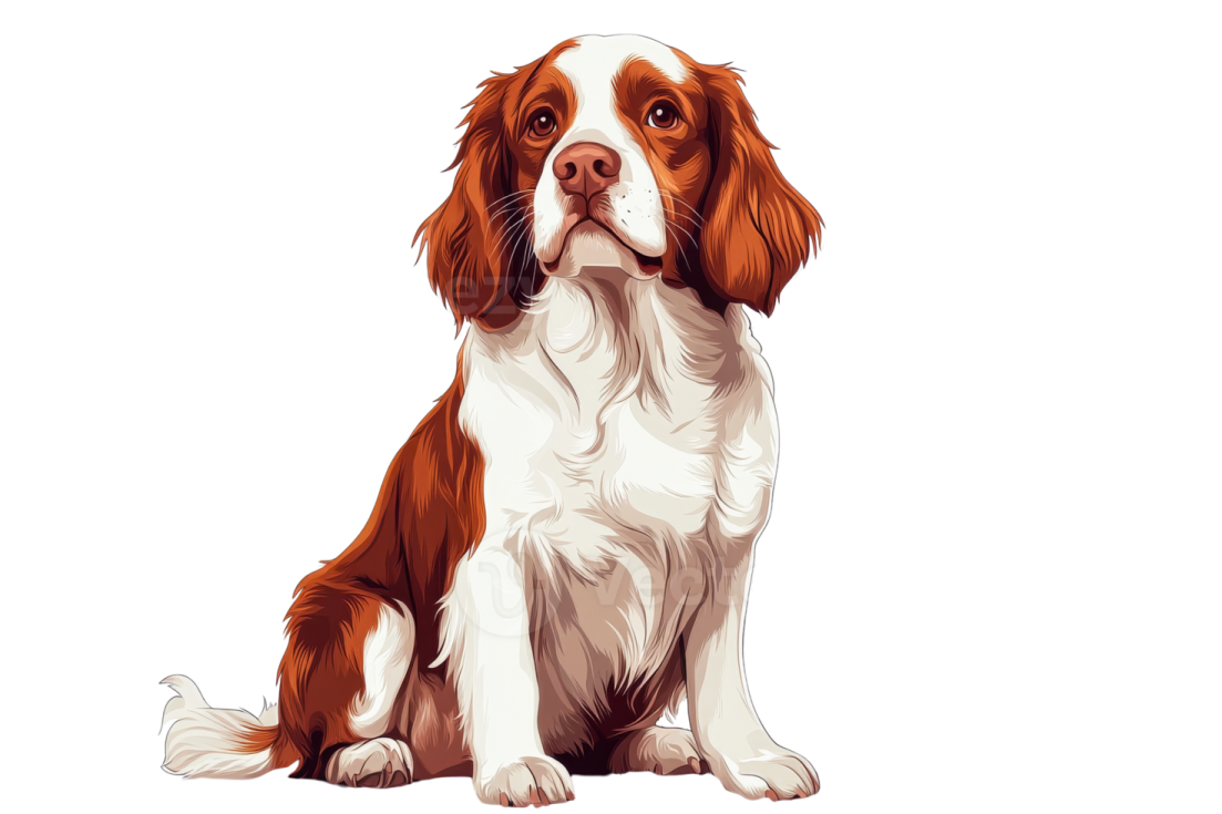 a brown and white dog sitting on a white background