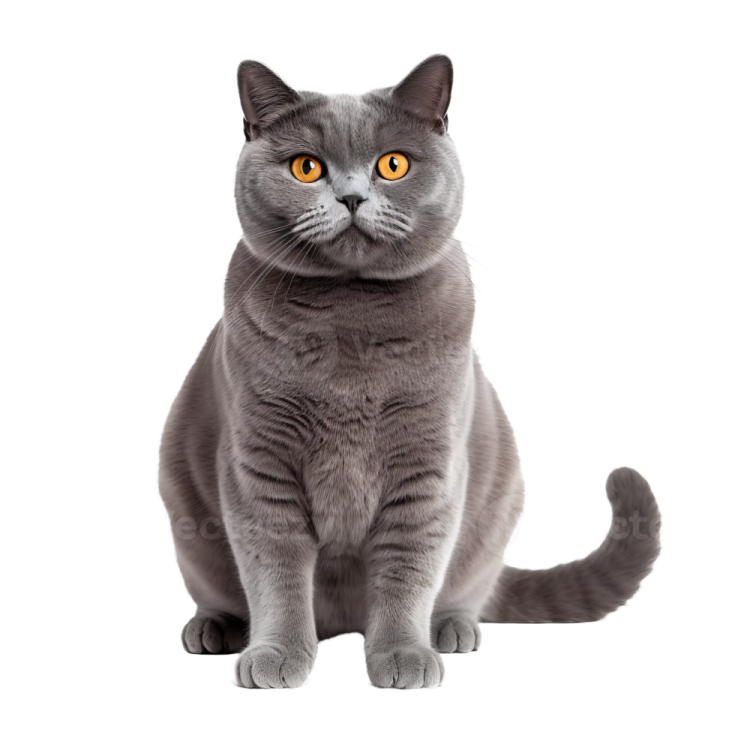 a grey cat sitting down and looking at the camera
