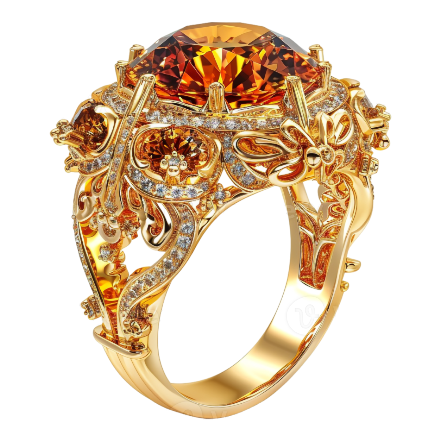 a gold ring with an orange topazte surrounded by diamonds