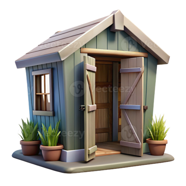 a small wooden shed with potted plants