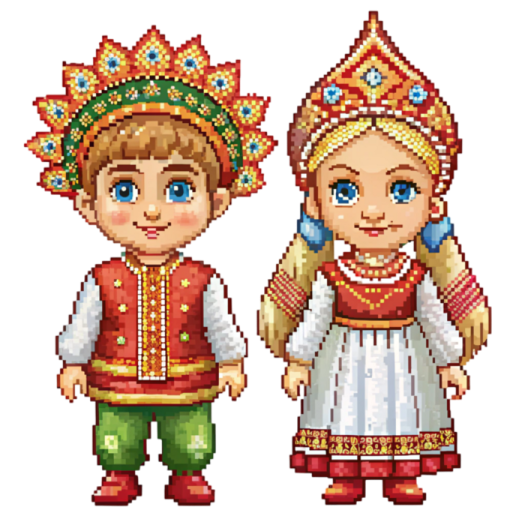 a pixel art of two people in traditional costumes