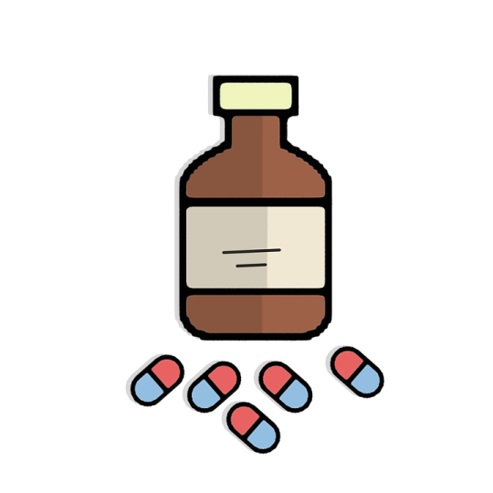 a bottle of medicine with pills on it