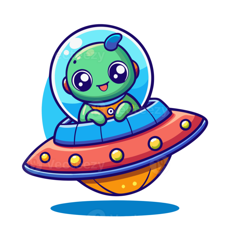 a green alien in an orange spaceship with a blue ring around his neck