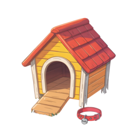 a wooden dog house with a red roof