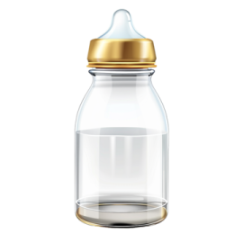 a glass baby bottle with a gold lid