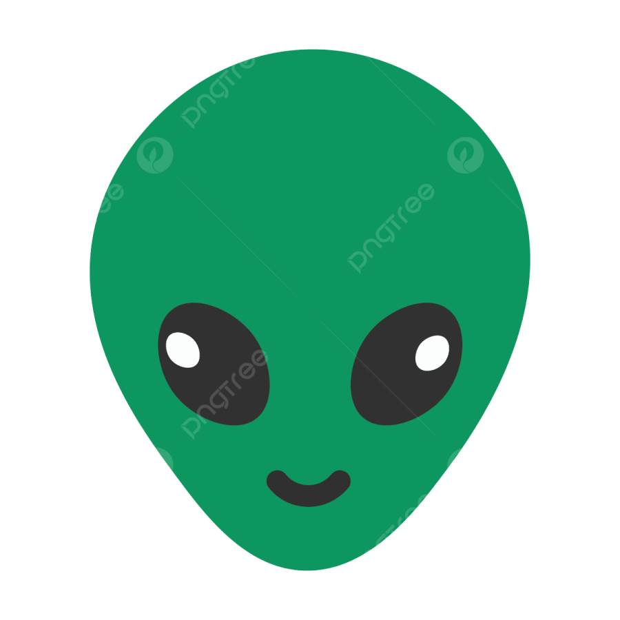 a green alien face with black eyes