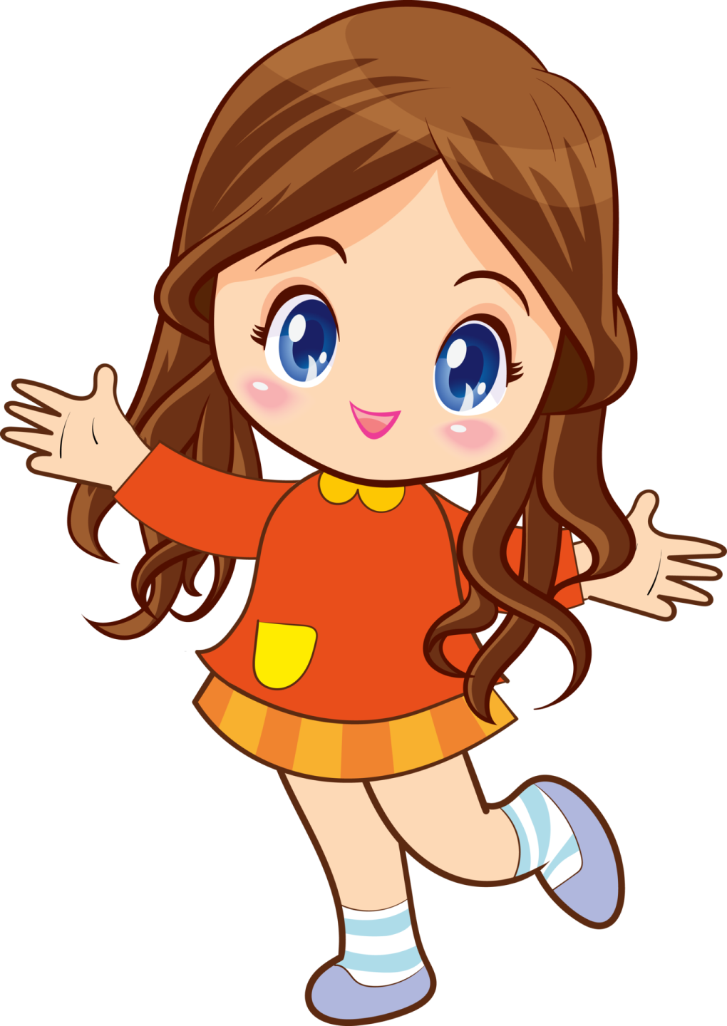 a little girl with long brown hair and blue eyes, wearing a red shirt, orange skirt and white socks