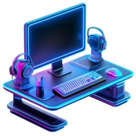 a computer with headphones on top of it