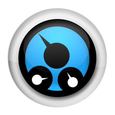 a blue and black button with two eyes
